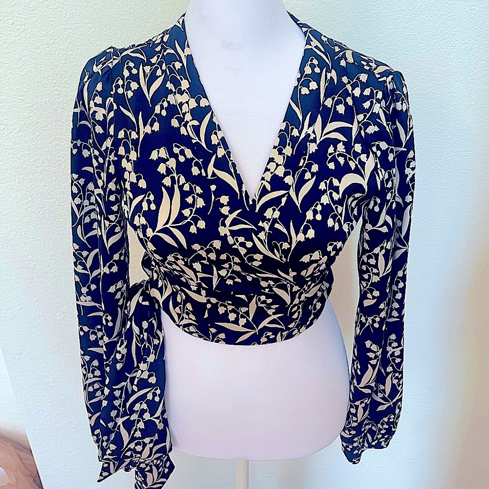Stunning Satin Long Sleeve Wrap Blouse With Blue Floral Pattern
